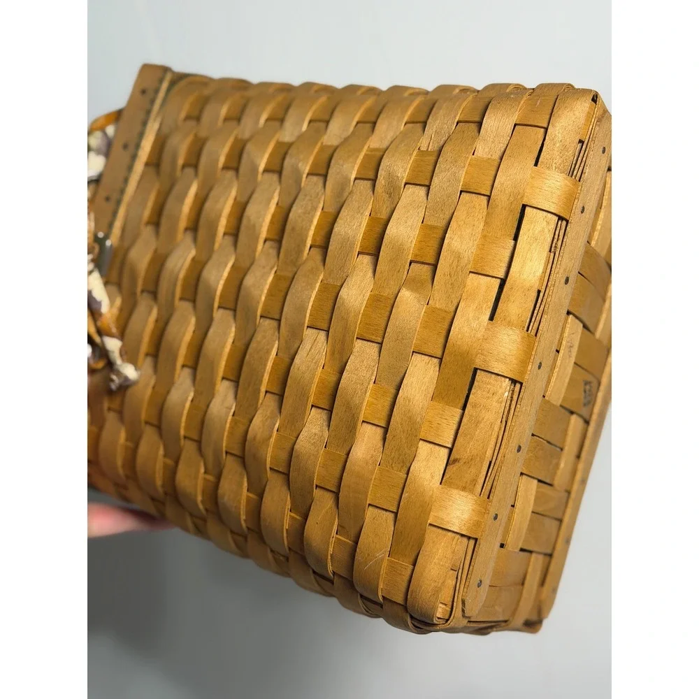 VTG Longaberger Autumn Tote Basket Brown Woven Wood Fabric Liner Handle 2003